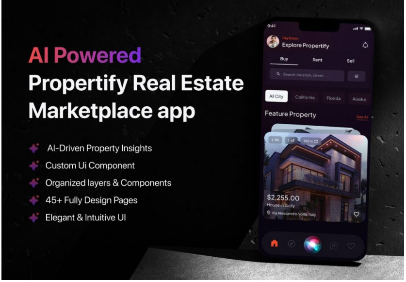 房地产房屋出售租赁软件APP UI界面设计-艺贰叁素材网