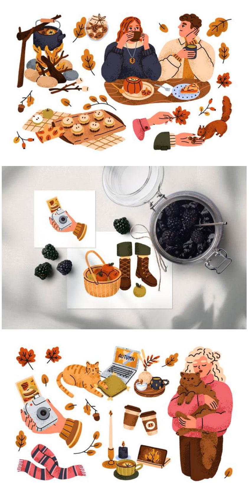 卡通风格秋天元素围巾袜子树叶蘑菇糕点手绘插画AI矢量设计素材-Cozy-autumn-mood-se_03