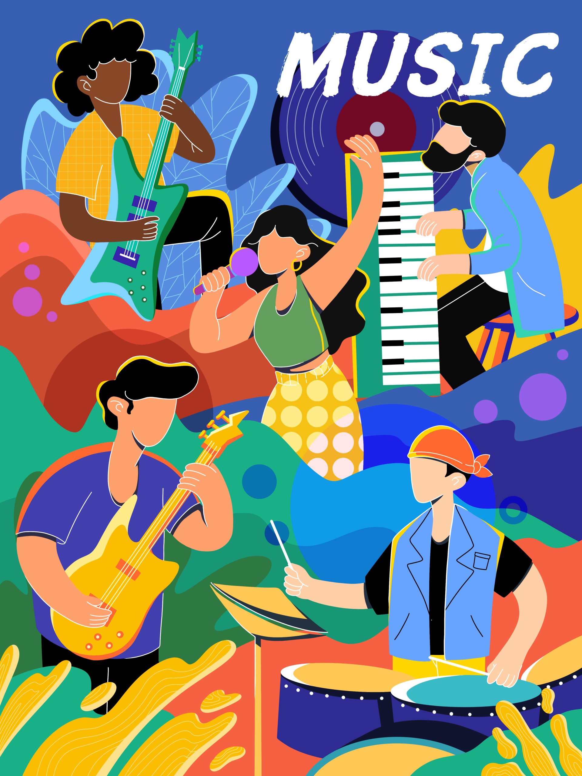 扁平风撞色系潮流音乐节乐队人物插画-艺贰叁素材网